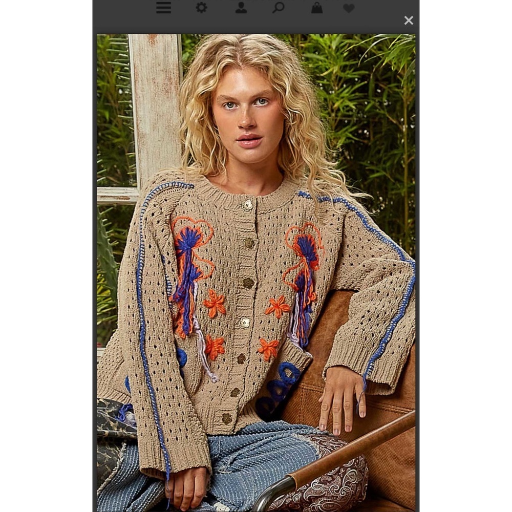 POL. Embroidered Cardigan with Frayed Edges